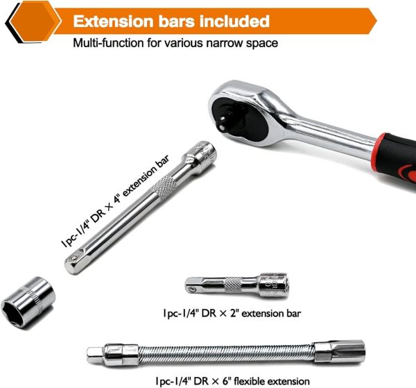 46-Piece Professional Socket Wrench Tool Set with Ratchet Handle, Sockets, Screwdriver Bits for Car, Motorcycle, Bicycle, Home Repair, Mechanical Work, Garage and DIY Maintenance Tasks, Portable Heavy-Duty Tool Kit - Image 6
