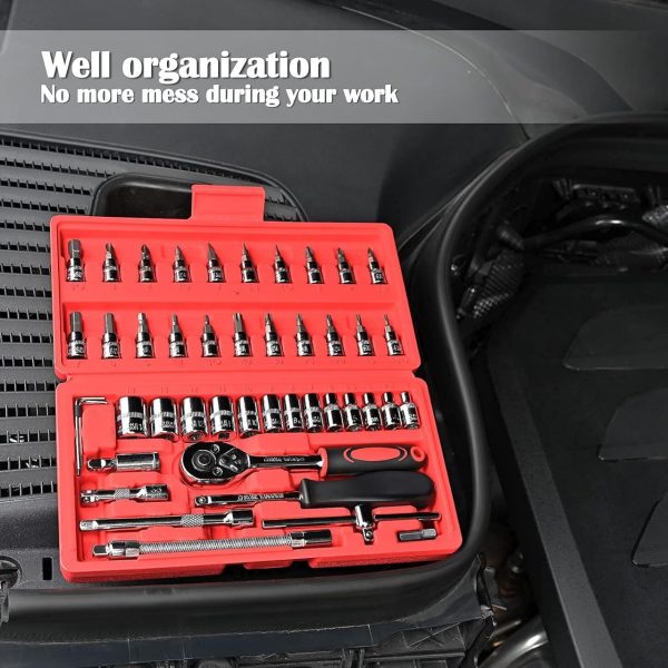 46-Piece Professional Socket Wrench Tool Set with Ratchet Handle, Sockets, Screwdriver Bits for Car, Motorcycle, Bicycle, Home Repair, Mechanical Work, Garage and DIY Maintenance Tasks, Portable Heavy-Duty Tool Kit - Image 9