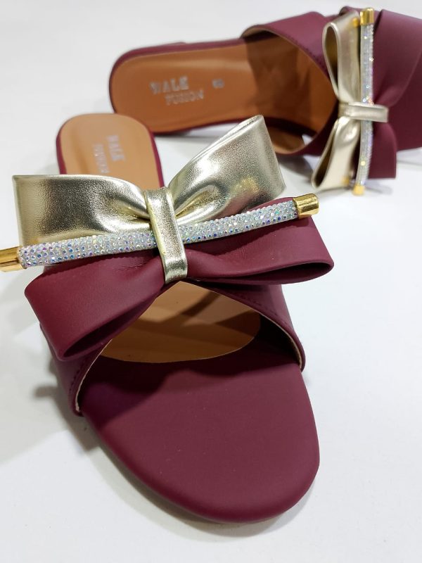 Stylish Maroon Block Heel Slip-On Slippers for Women with Golden Bow and Rhinestone Detailing – Comfortable Daily & Party Wearone perfect pair Stylish | Comfortable | Premium Quality | Slipper | Slipper For Women (With Box) - Image 5