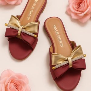 Stylish Maroon Block Heel Slip-On Slippers for Women with Golden Bow and Rhinestone Detailing – Comfortable Daily & Party Wearone perfect pair Stylish | Comfortable | Premium Quality | Slipper | Slipper For Women (With Box)