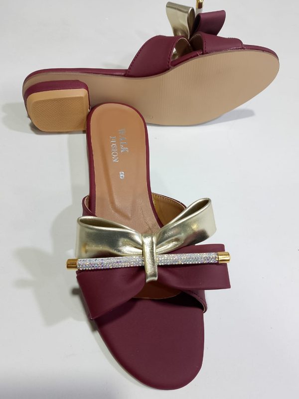 Stylish Maroon Block Heel Slip-On Slippers for Women with Golden Bow and Rhinestone Detailing – Comfortable Daily & Party Wearone perfect pair Stylish | Comfortable | Premium Quality | Slipper | Slipper For Women (With Box) - Image 3