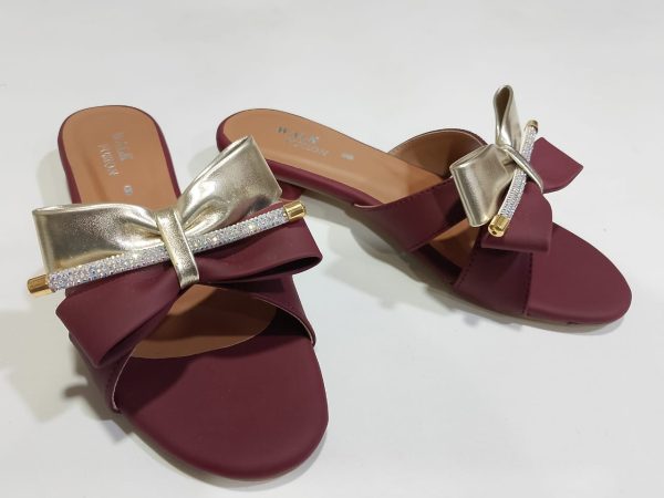 Stylish Maroon Block Heel Slip-On Slippers for Women with Golden Bow and Rhinestone Detailing – Comfortable Daily & Party Wearone perfect pair Stylish | Comfortable | Premium Quality | Slipper | Slipper For Women (With Box) - Image 4