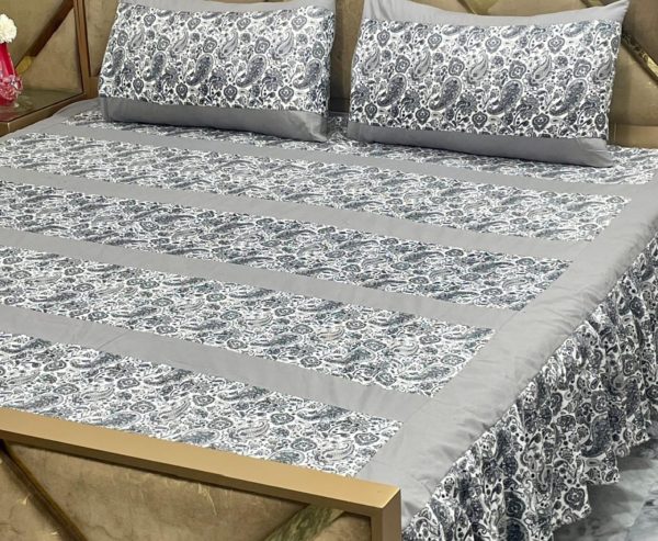 Luxury 3-Piece Frill Patchwork Double Bed Bedsheet Set – Soft Cotton Blend, Multicolor, Includes 2 Pillow Covers, Elegant Frilled Edges - Image 3