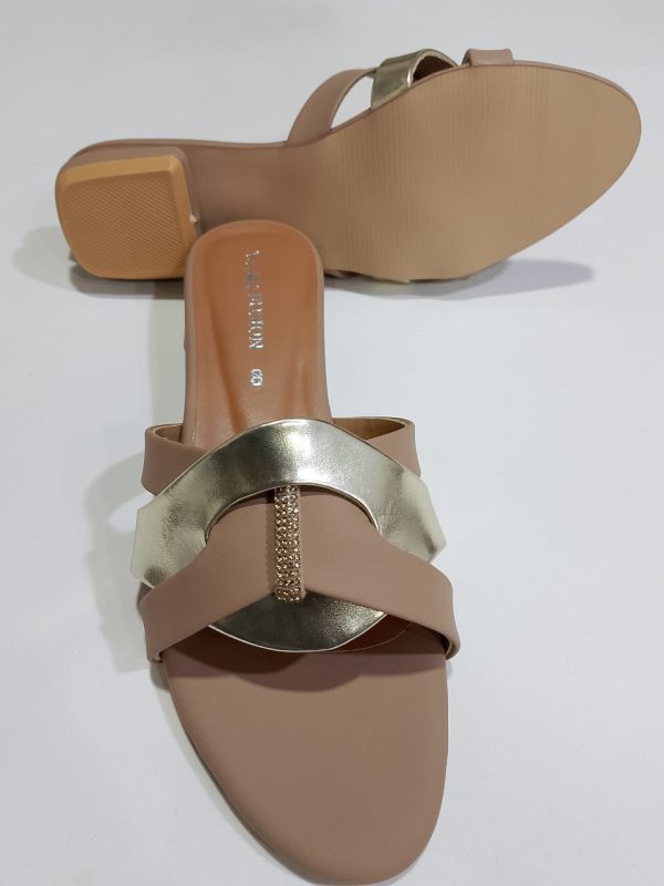 Women's Tan & Gold Embellished Flat Sandals – Stylish Slip-On Slides with Luxury Comfort & Chic Gold Accent Shine with every step — comfort class in one perfect pair | Slipper | Slipper For Women (With Box) - Image 3