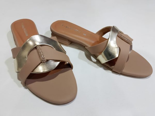 Women's Tan & Gold Embellished Flat Sandals – Stylish Slip-On Slides with Luxury Comfort & Chic Gold Accent Shine with every step — comfort class in one perfect pair | Slipper | Slipper For Women (With Box) - Image 4