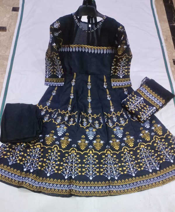 Elegant Teal Katan Silk Block Printed Maxi Suit - 3 Pcs Set - Image 3