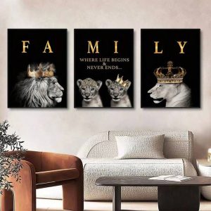Lion Family Metal Wall Art – Set of 3 Panels (8x11 Inches Each) | Modern Metal Paintings for Home & Office Décor