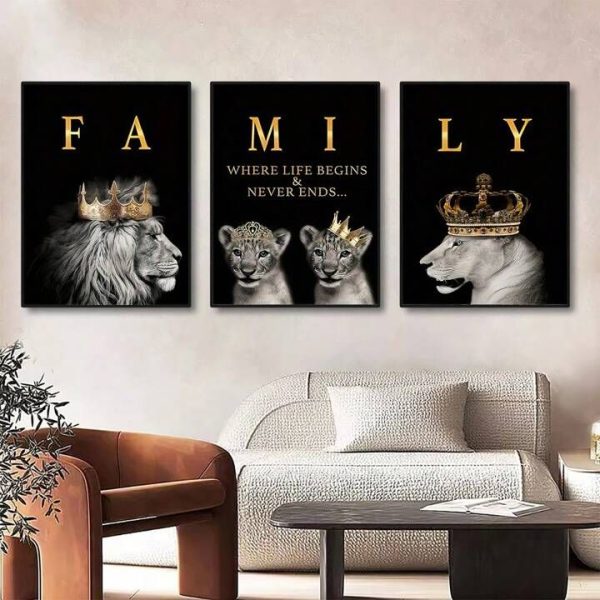 Lion Family Metal Wall Art – Set of 3 Panels (8x11 Inches Each) | Modern Metal Paintings for Home & Office Décor
