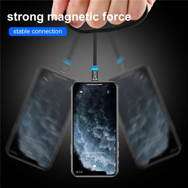3-in-1 Magnetic Fast Charging Cable | Micro USB, Type-C & iPhone | 360° Rotation | LED | 3A | Nylon Braided | Magnetic Charging Cables For Android & IOS | Charging Cable For Mobile Phone ( Random Color ) - Image 3