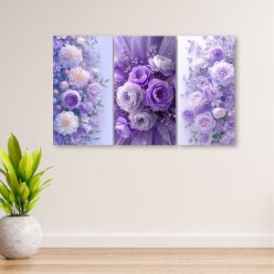 Set Of 3 Flowers Art Wooden Frames For Wall Decoration / Sticky Photo Tiles