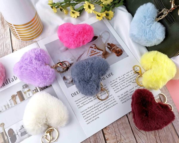 01 PCs Heart Fluffy Fur Ball Pom Pom Keychain – Keychains For Girls - Key-Chain For Bags - Keychain For Pouch - Heart Keychain | Random Color - Image 12