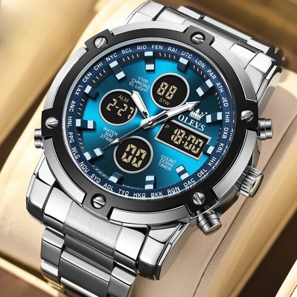 Skemie 1389 Men’s Digital Analog Watch Waterproof Digital Chronograph LED Multi-Time Business Watch Stainless Steel (Without box) - Image 3