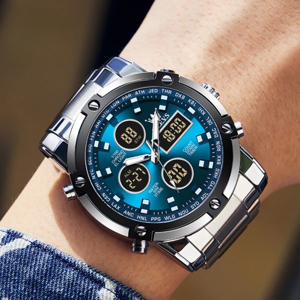 Skemie 1389 Men’s Digital Analog Watch Waterproof Digital Chronograph LED Multi-Time Business Watch Stainless Steel (Without box) - Image 5