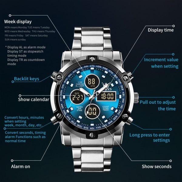 Skemie 1389 Men’s Digital Analog Watch Waterproof Digital Chronograph LED Multi-Time Business Watch Stainless Steel (Without box) - Image 4