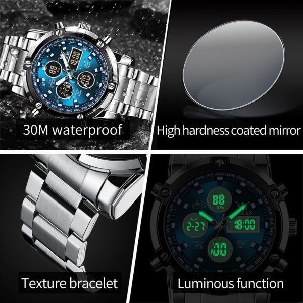 Skemie 1389 Men’s Digital Analog Watch Waterproof Digital Chronograph LED Multi-Time Business Watch Stainless Steel (Without box) - Image 6