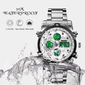 Skemie 1389 Men’s Digital Analog Watch Waterproof Digital Chronograph LED Multi-Time Business Watch Stainless Steel (Without box)