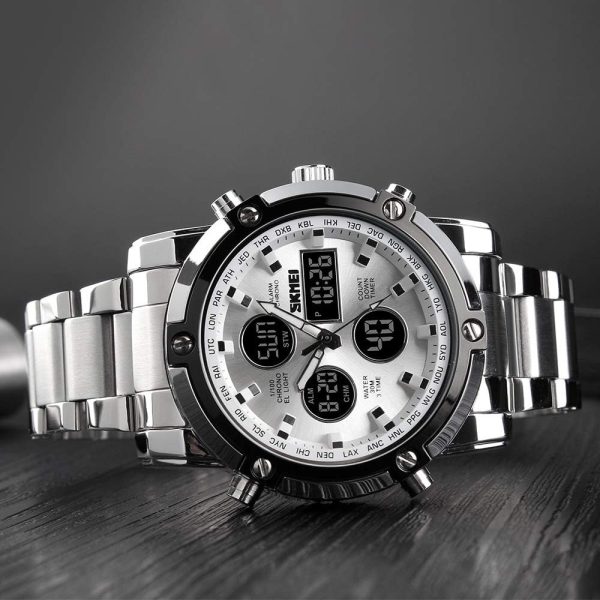 Skemie 1389 Men’s Digital Analog Watch Waterproof Digital Chronograph LED Multi-Time Business Watch Stainless Steel (Without box) - Image 12