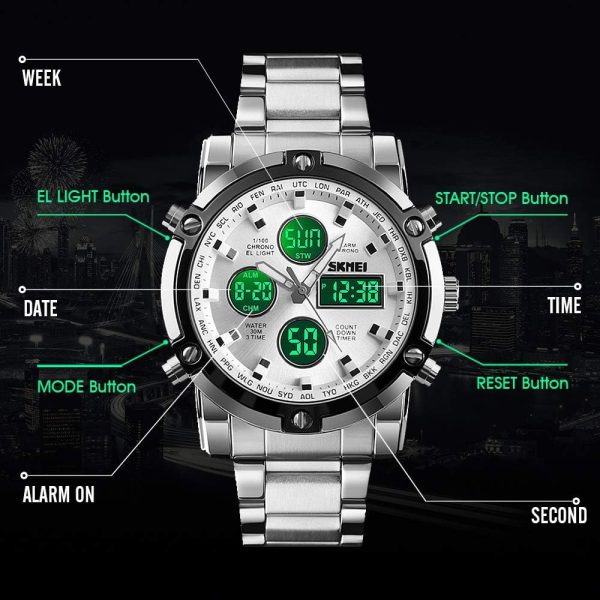 Skemie 1389 Men’s Digital Analog Watch Waterproof Digital Chronograph LED Multi-Time Business Watch Stainless Steel (Without box) - Image 11