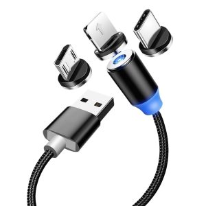 3-in-1 Magnetic Fast Charging Cable | Micro USB, Type-C & iPhone | 360° Rotation | LED | 3A | Nylon Braided | Magnetic Charging Cables For Android & IOS | Charging Cable For Mobile Phone ( Random Color )