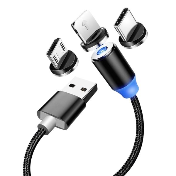 3-in-1 Magnetic Fast Charging Cable | Micro USB, Type-C & iPhone | 360° Rotation | LED | 3A | Nylon Braided | Magnetic Charging Cables For Android & IOS | Charging Cable For Mobile Phone ( Random Color )