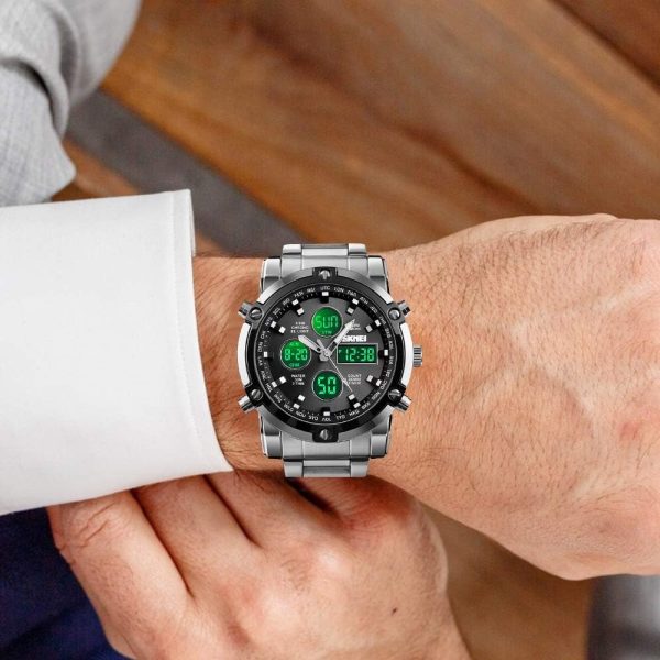 Skemie 1389 Men’s Digital Analog Watch Waterproof Digital Chronograph LED Multi-Time Business Watch Stainless Steel (Without box) - Image 10
