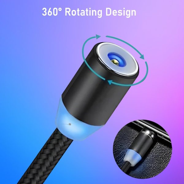 3-in-1 Magnetic Fast Charging Cable | Micro USB, Type-C & iPhone | 360° Rotation | LED | 3A | Nylon Braided | Magnetic Charging Cables For Android & IOS | Charging Cable For Mobile Phone ( Random Color ) - Image 9