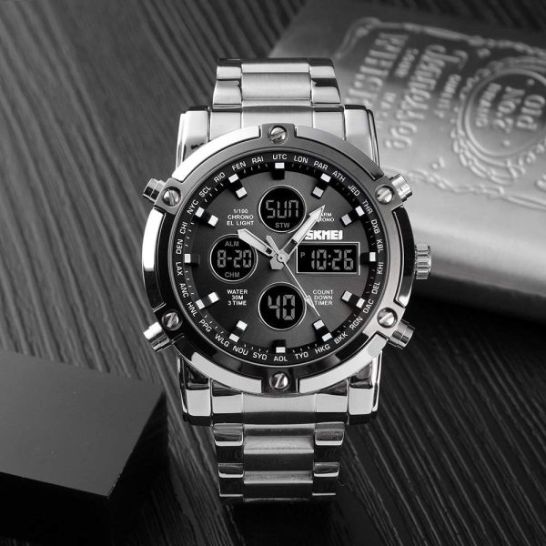 Skemie 1389 Men’s Digital Analog Watch Waterproof Digital Chronograph LED Multi-Time Business Watch Stainless Steel (Without box) - Image 9
