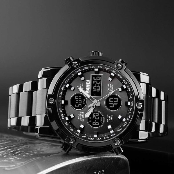 Skemie 1389 Men’s Digital Analog Watch Waterproof Digital Chronograph LED Multi-Time Business Watch Stainless Steel (Without box) - Image 8