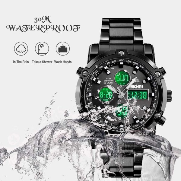 Skemie 1389 Men’s Digital Analog Watch Waterproof Digital Chronograph LED Multi-Time Business Watch Stainless Steel (Without box) - Image 7