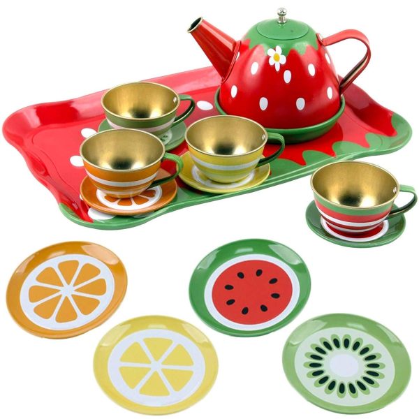 Fruit Theme Tea Party Play Set – 14PCS Colorful Pretend Tea Set for Kids with Cups, Teapot, Saucers & Accessories – Fun Role Play Toy for Toddlers & Girls – Ideal for Birthday Gifts & Playdates - Image 2