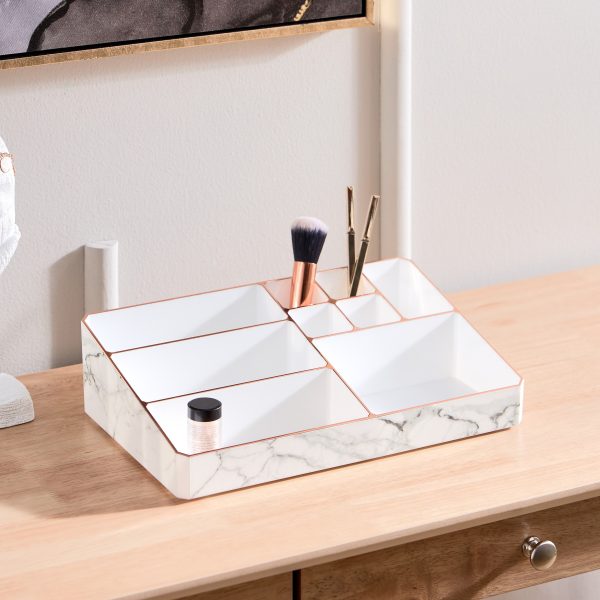 9 Compartment Marble Look Makeup Organiser | Marble Acrylic Makeup Organiser - Perfume Holder, Vanity Storage and Cosmetic Storage - White - Image 13