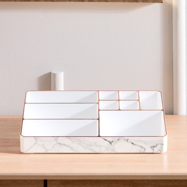 9 Compartment Marble Look Makeup Organiser | Marble Acrylic Makeup Organiser - Perfume Holder, Vanity Storage and Cosmetic Storage - White - Image 12