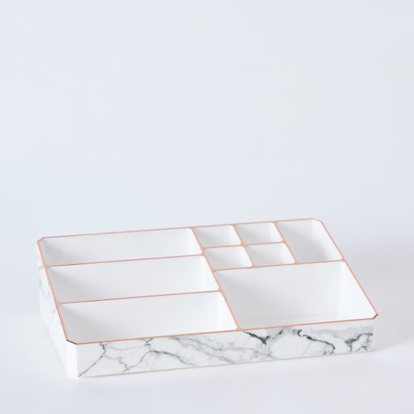 9 Compartment Marble Look Makeup Organiser | Marble Acrylic Makeup Organiser - Perfume Holder, Vanity Storage and Cosmetic Storage - White - Image 9