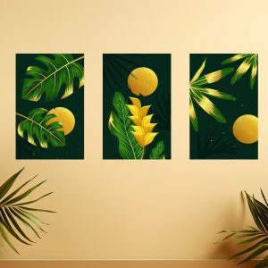 Set Of 3, Abstract Sun Leaf wall Art Photo Canvas wooden Tile Frame