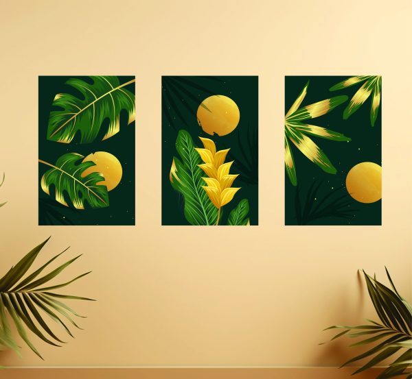 Set Of 3, Abstract Sun Leaf wall Art Photo Canvas wooden Tile Frame