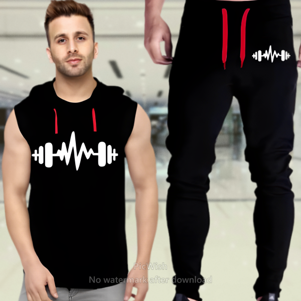 Black Vinyl Dumble Printed Gym Summer Hooded Sleeveless Tracksuit for Mens (Hooded + Trouser) - Image 3