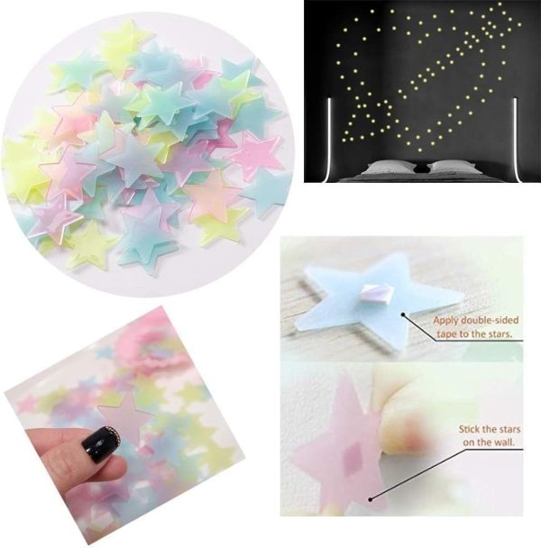 Pack of 100 – 3D Glowing Stars for Ceiling and Wall Decoration – Luminous Night Sky Stickers for Kids’ Rooms, Bedrooms, and Nurseries – Glow-in-the-Dark Wall Decals with Adhesive - Image 7