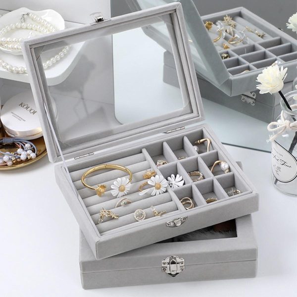 Mistico Velvet Carrying Case with Glass Cover Jewelry Ring Display Box Tray Holder Storage Box Organizer Earrings Bracelet Showcase