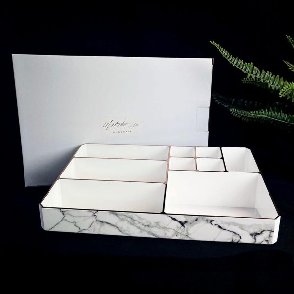 9 Compartment Marble Look Makeup Organiser | Marble Acrylic Makeup Organiser - Perfume Holder, Vanity Storage and Cosmetic Storage - White - Image 3