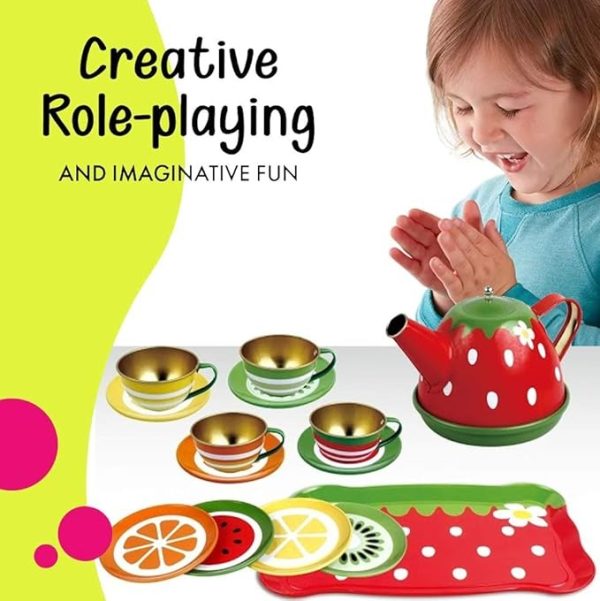 Fruit Theme Tea Party Play Set – 14PCS Colorful Pretend Tea Set for Kids with Cups, Teapot, Saucers & Accessories – Fun Role Play Toy for Toddlers & Girls – Ideal for Birthday Gifts & Playdates - Image 4