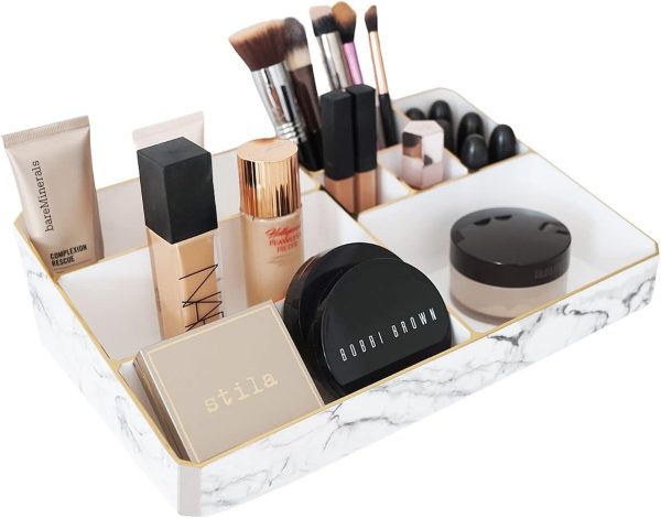 9 Compartment Marble Look Makeup Organiser | Marble Acrylic Makeup Organiser - Perfume Holder, Vanity Storage and Cosmetic Storage - White - Image 7