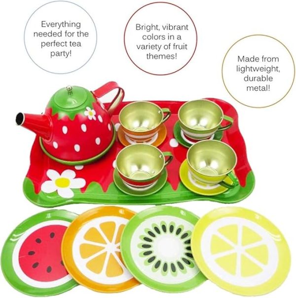 Fruit Theme Tea Party Play Set – 14PCS Colorful Pretend Tea Set for Kids with Cups, Teapot, Saucers & Accessories – Fun Role Play Toy for Toddlers & Girls – Ideal for Birthday Gifts & Playdates - Image 3