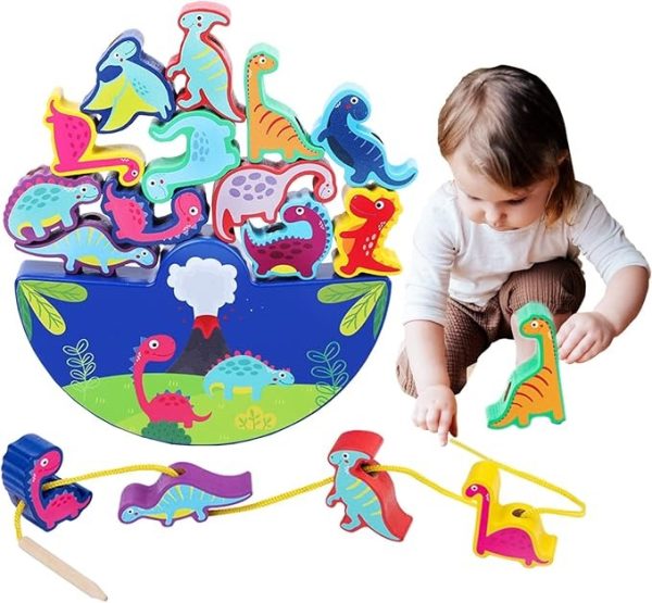 Dinosaur Toy from 3 Years Wooden Toy Stacking Game Wooden Balancing Stacking Stones Game 3D Montessori Threading Game Wooden Toy Motor Skills Toy Learning Toy Gifts for Children - Image 5