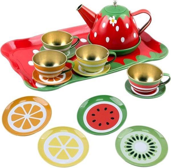 Fruit Theme Tea Party Play Set – 14PCS Colorful Pretend Tea Set for Kids with Cups, Teapot, Saucers & Accessories – Fun Role Play Toy for Toddlers & Girls – Ideal for Birthday Gifts & Playdates - Image 5