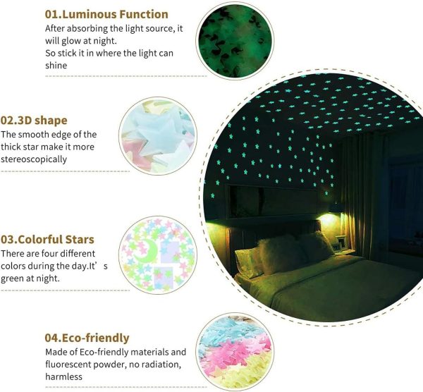 Pack of 100 – 3D Glowing Stars for Ceiling and Wall Decoration – Luminous Night Sky Stickers for Kids’ Rooms, Bedrooms, and Nurseries – Glow-in-the-Dark Wall Decals with Adhesive - Image 3