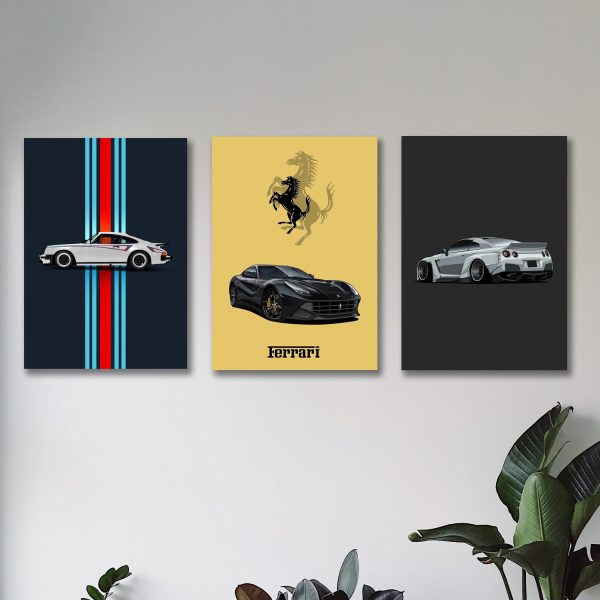 set of 3 sports cars wooden canvas frames for wall decore / sticky phototiles