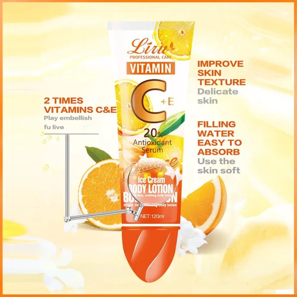 Liru Vitamin C + E 20% Antioxidant Serum Body Lotion – Orange Ice Cream Formula for Bright & Soothing Skin (120ML) - Without Box - Image 6