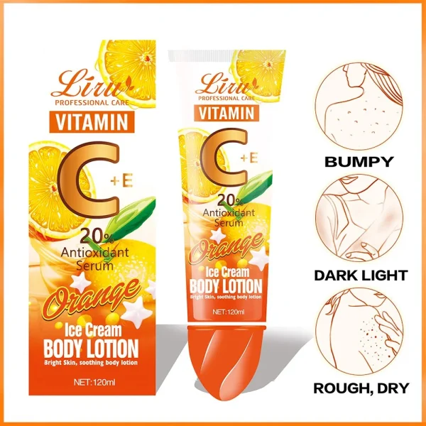 Liru Vitamin C + E 20% Antioxidant Serum Body Lotion – Orange Ice Cream Formula for Bright & Soothing Skin (120ML) - Without Box