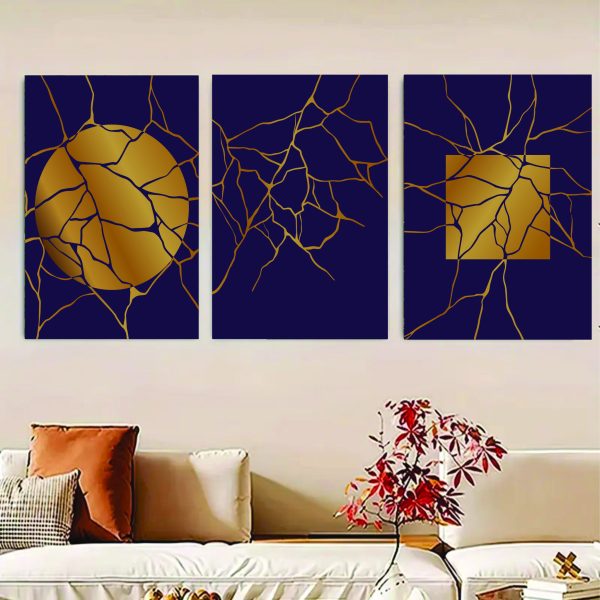 Set Of 3, Abstract golden moon Wall Art Photo Canvas Wooden Tile Frame
