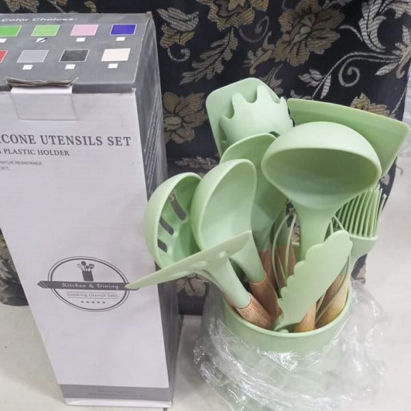 12 Pcs Silicone Cooking Utensils Kitchen Utensil Set | Heat Resistant Kitchen Non toxic Spatula Set with Turner Tongs,Spoon,Brush,Whisk-Wooden Handle - Random Color - Image 3